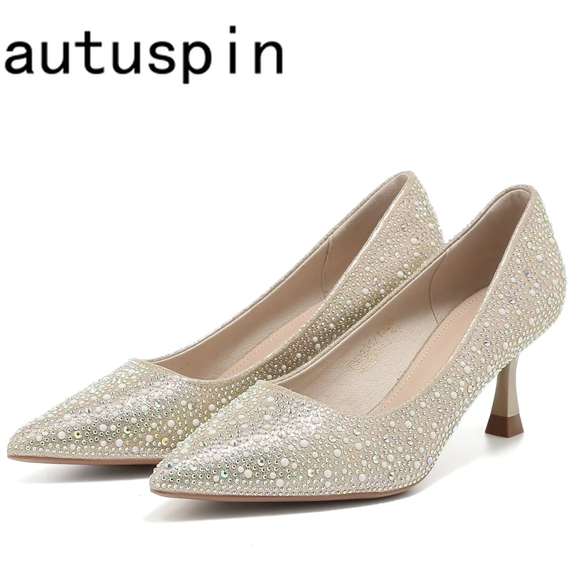 

AUTUSPIN 6.5cm Women Pumps Elegant Fashion Glitter Full Crystal Bordered Pointed Toe High Heels Shoes Ladies Wedding Prom Shoe