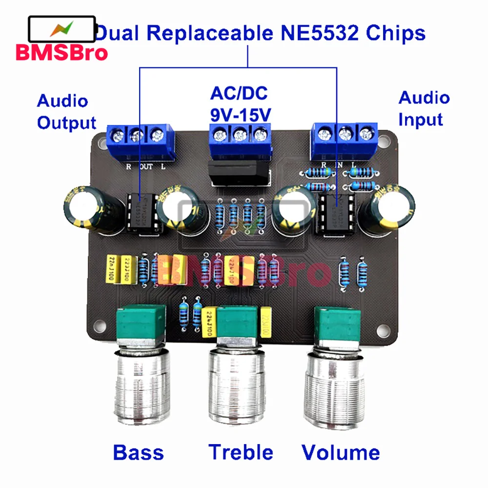 

Dual NE5532 Tone Stereo Preamplifier Board Audio HiFi Amprifier Equalizer Preamp Treble Bass Tone Control Pre Amplifier
