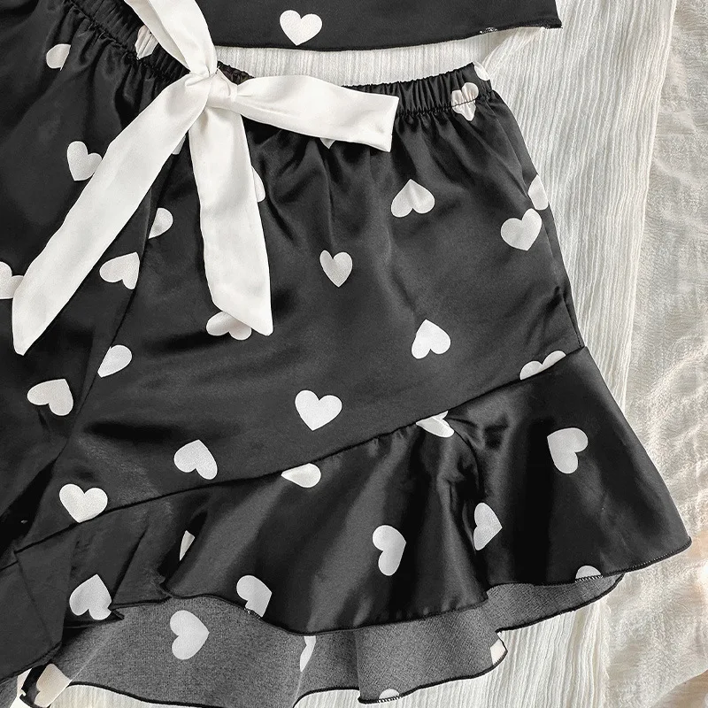 Women Pajamas Sets 2pcs Satin Silk Heart Print Pijamas Pyjama Female Sleepwear Cami Top Shorts for Woman Homewear Loungewear