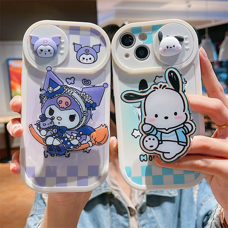 

Cute Cartoon Sanrio Kuromi Pochacco With Bracket Phone Case For iPhone 14 13 12 11 Pro Max X XR XS MAX Anti-drop Soft Back Cover