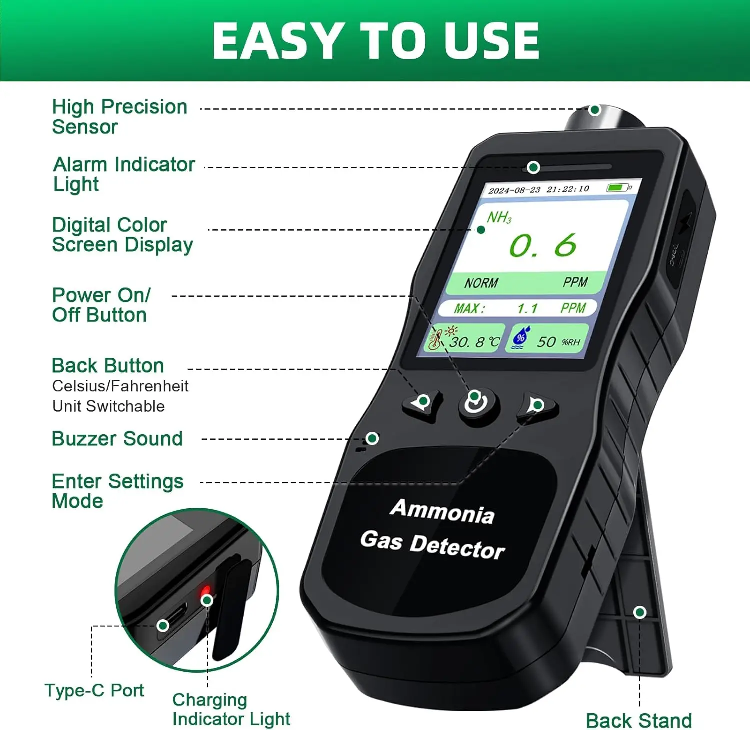 Перезаряжаемый детектор газа аммиака 0-200 PPM Портативный цифровой монитор