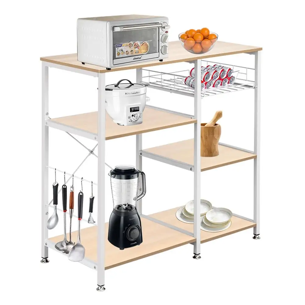 

90*40*84cm Floor-standing 4-layer Microwave Oven Rack With Pull-out Basket+X Cross Piece On The Back [Ready Stock]