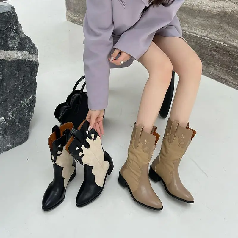 

Shoes Women's Boots Autumn Luxury Designer Boots-Women Fashion Ladies Mid Calf 2022 Rubber Mid-Calf Pointy Low Slip-On Pointed