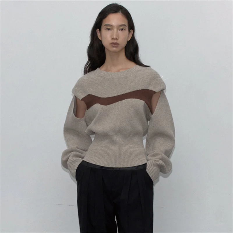 

Winter Autumn Sweater Woman 2023 2023 New in Trend Hollow Wool Knit Pullover Spliced Off Shoulder Long Sleeve Top y2k Clothes