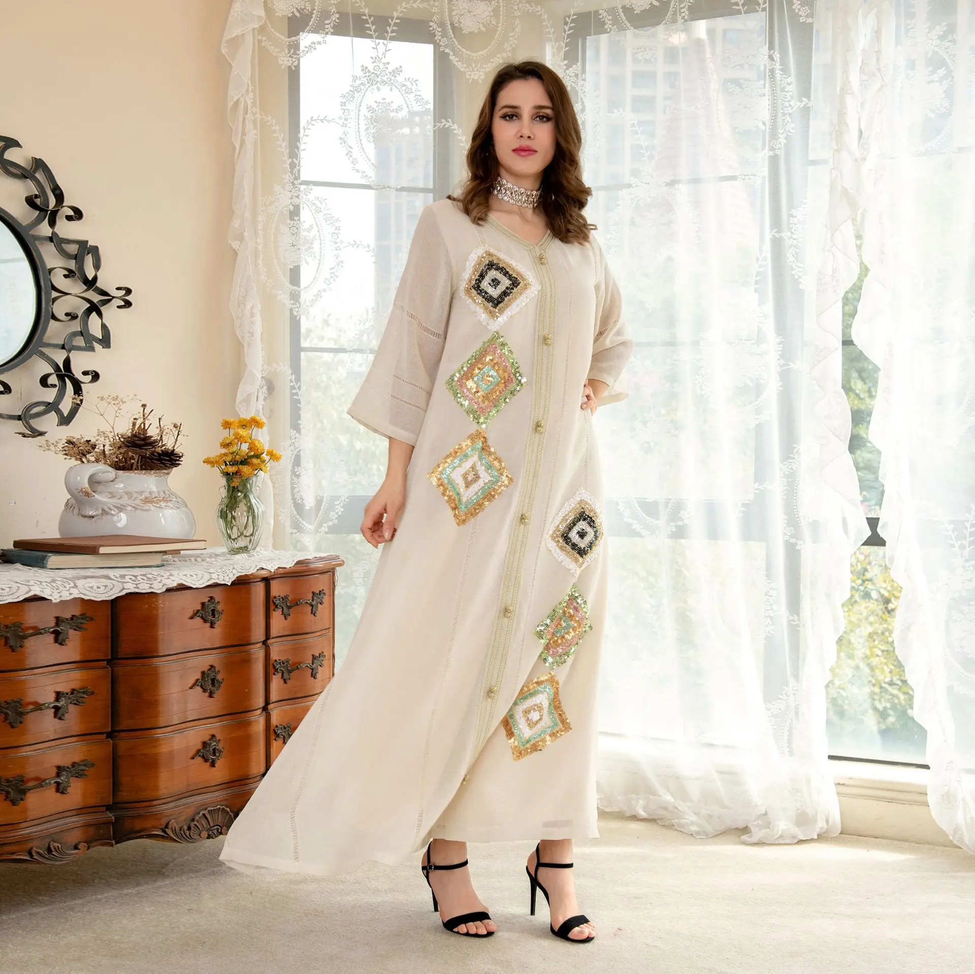 Ab185 Sweet Party Muslim Abaya Cotton and Linen Temperament Four Sides Sequin Embroidery Flower Skirt Loose Version Fashion Gown