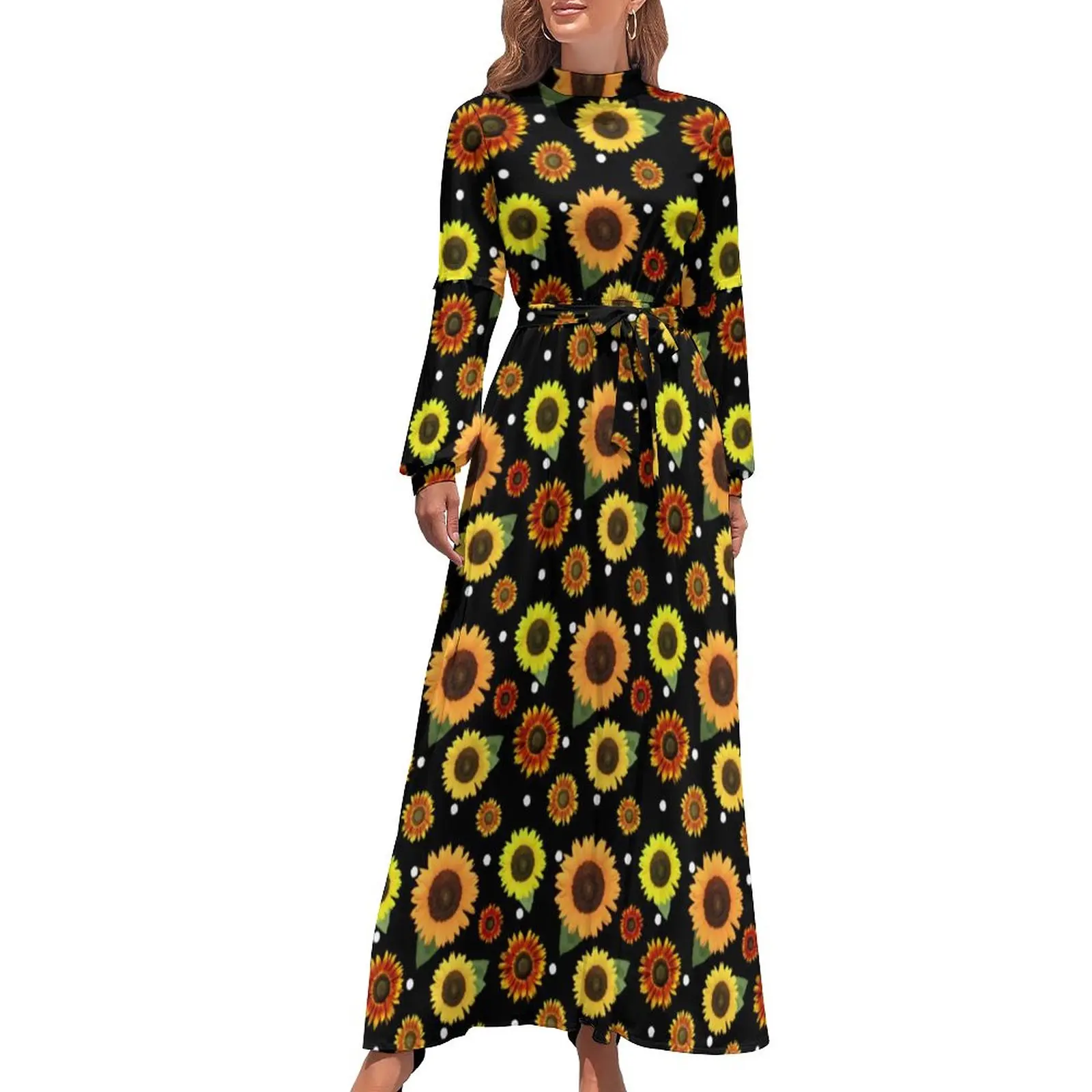 

Sunflower Polka Dots Dress Vintage Floral Print Street Style Beach Dresses Female Long Sleeve High Waist Vintage Long Maxi Dress