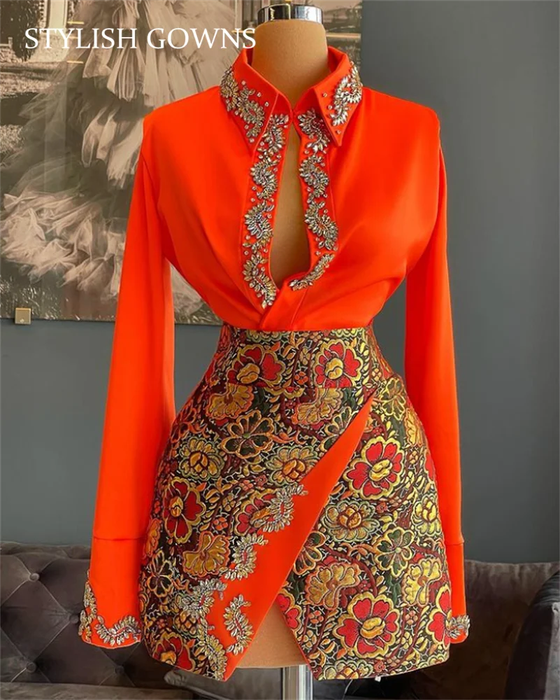 

Morocco Orange Two-piece Set High Neck Short Prom Dress Beaded Crystal Organza Blouse Shirt Long Sleeve Birthday Party Gowns