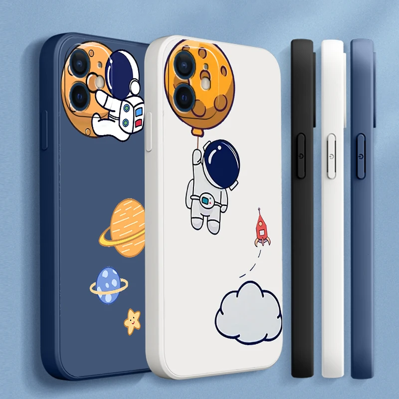 

For iPhone 11 12 13 Pro Mini Max Cute Creative Astronaut Liquid Silicone Phone Cases For 8 7 6s 6 Plus SE 2020 XR X XS Max Funda