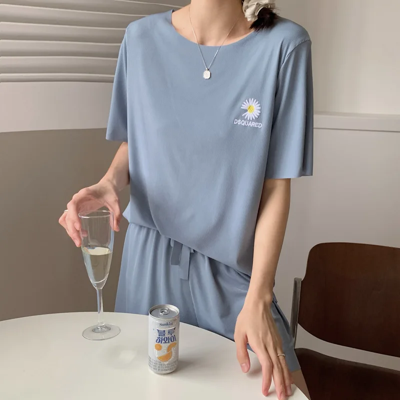 2pcs Pajamas for Women Cotton Embroidered Korean Style Elastic Short-sleeved Top Casual Shorts Loungewear Pijamas Sets Female