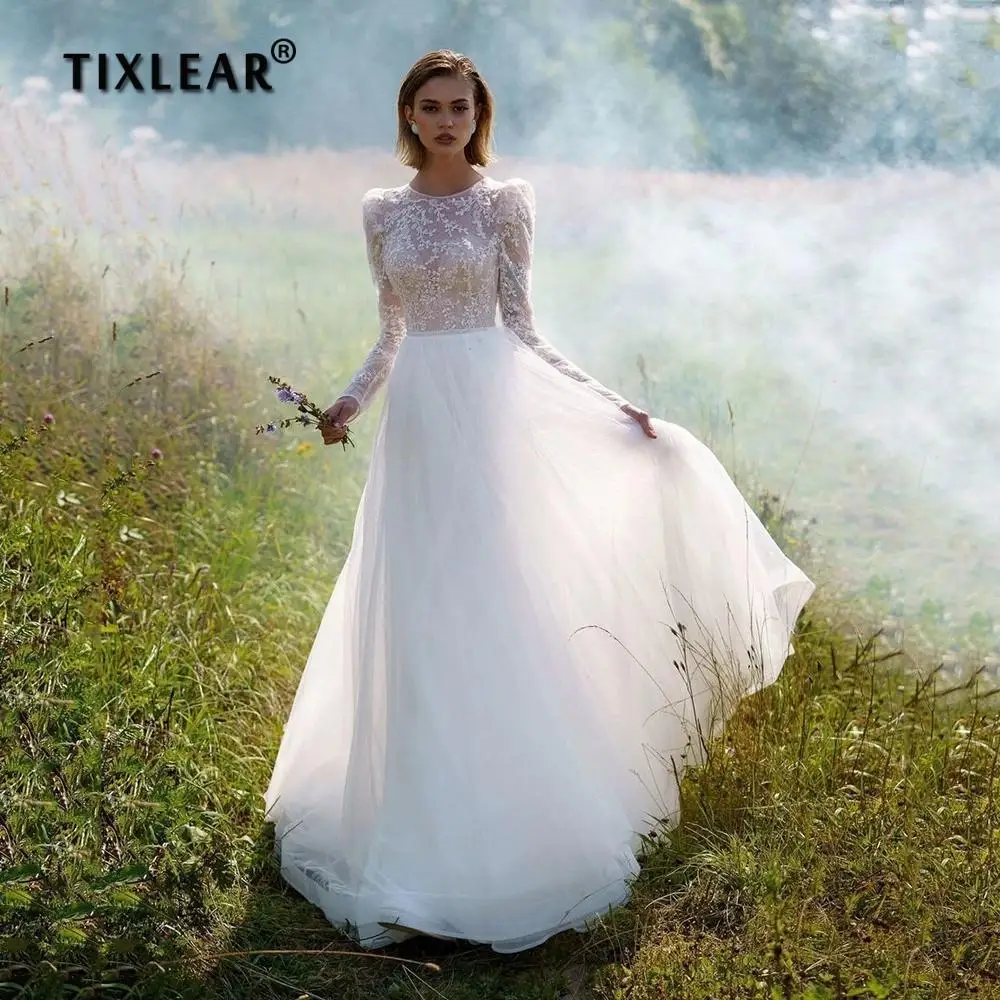 

TIXLEAR Long Sleeve Wedding Dress 2022 Elegant O-Neck Lace Appliques Pleat A-Line Tulle Bridal Gown Illusion Zipper Sweep Train