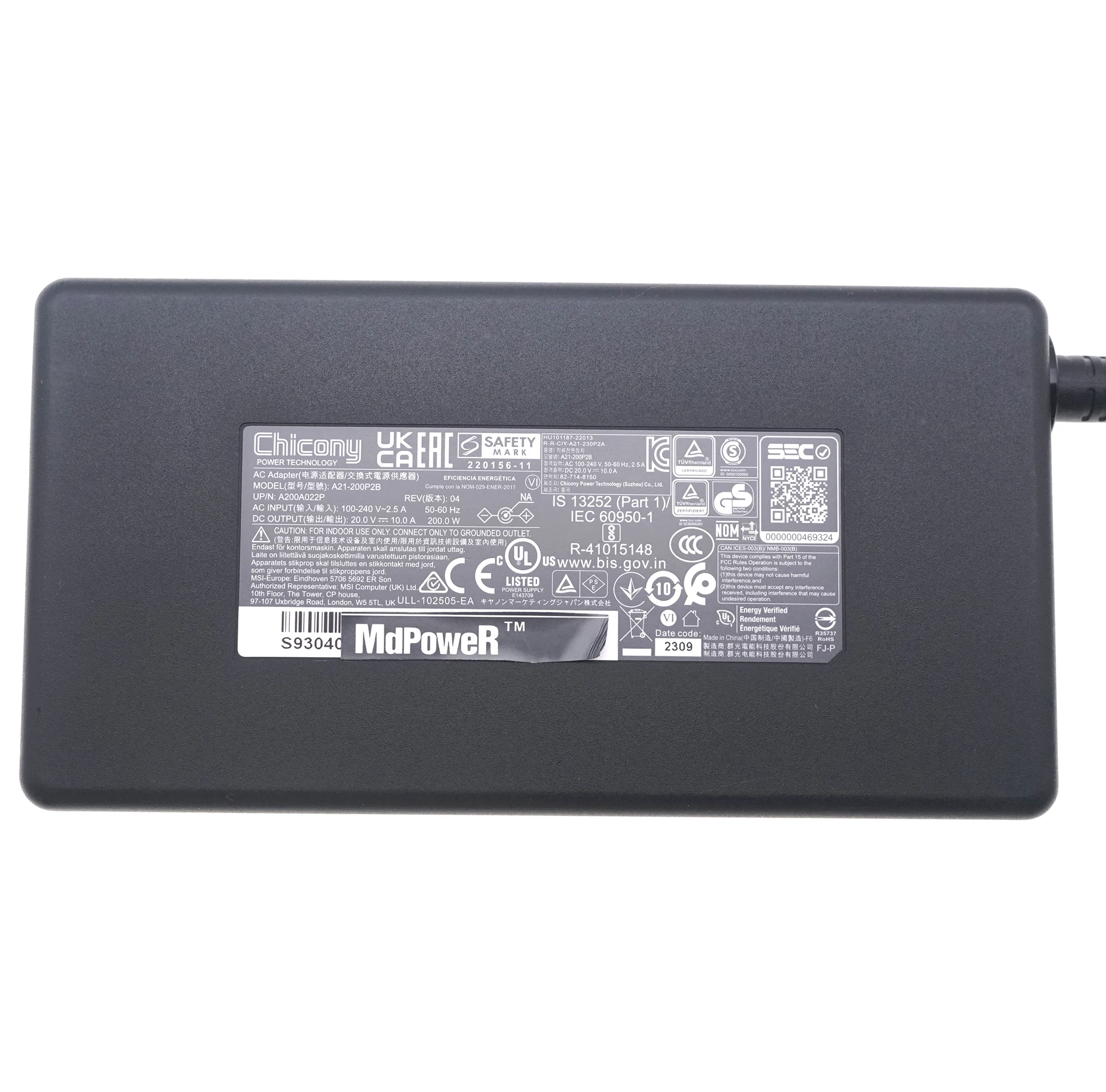 Фото Оригинальный OEM-адаптер питания Chicony 20V 10A 200W A21-200P2B A200A022P для ноутбуков MSI Stealth 14 Studio MS-14K Gaming №2