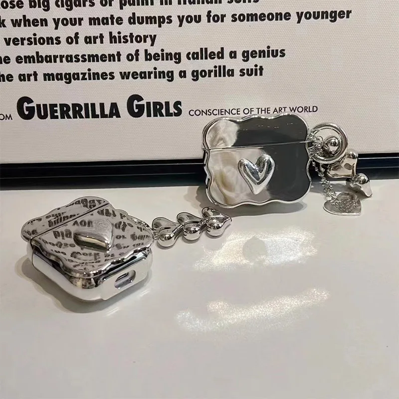 

Luxury Electroplated Silver Heart Earphone Box for Apple Airpods Pro 2 Case for AirPods 1 2 3 Cover Simple Love Keychain NEW