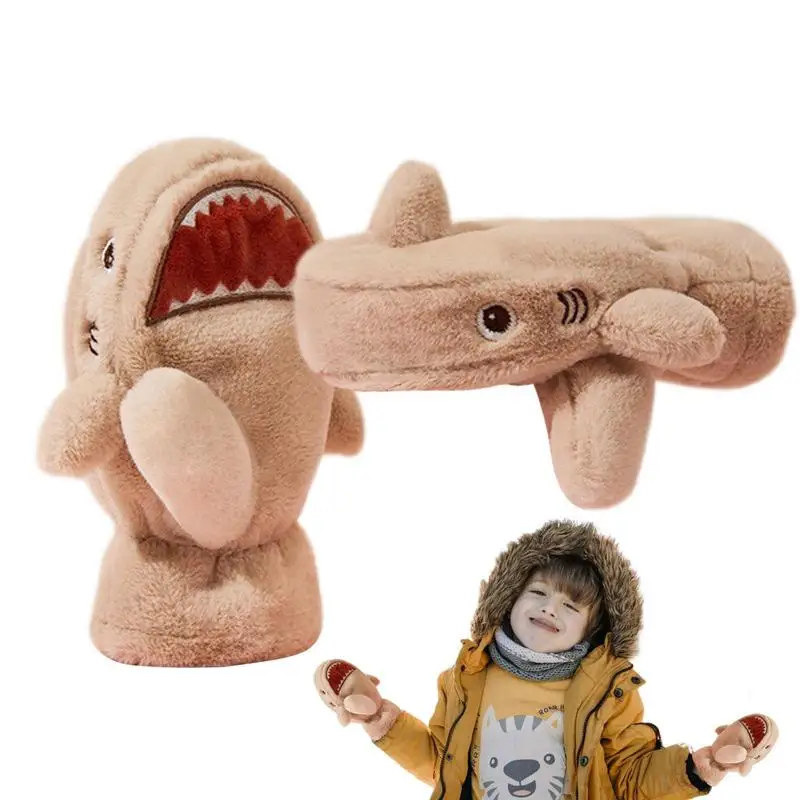 

Cute And Comfortable Shark Shape Thick Warm Mittens Convenient Plus Velvet Gloves Kids Winter Gloves For Children Boys And Girls
