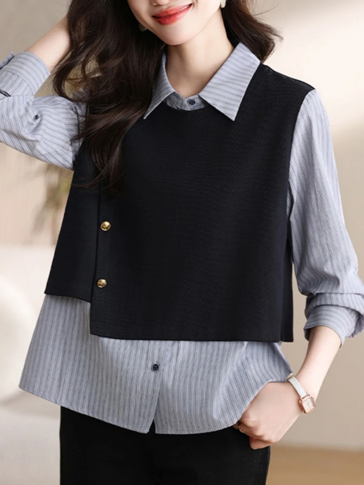 Женские рубашки с длинными рукавами в полоску и воротником-поло Western Sle Fake осень