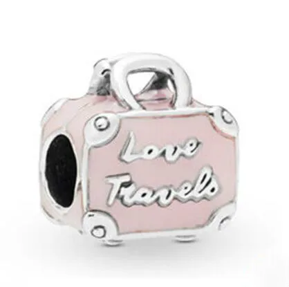 

Genuine 925 Sterling Silver Beads Pink Travel Bag Charm Fit pan Women Bracelet & Necklace Diy Jewelry