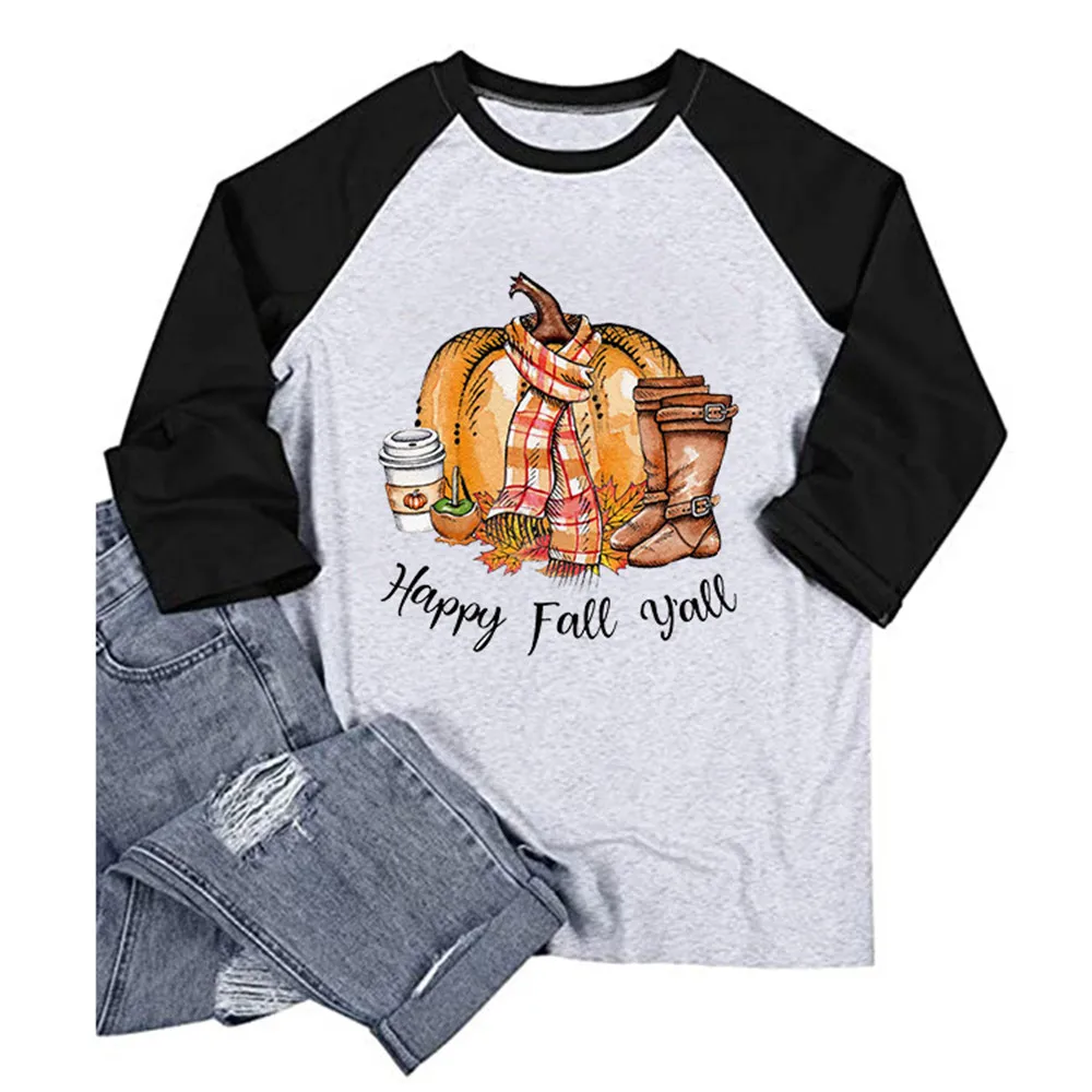 Happy Fall y'All Halloween Print Women T shirts Funny Pumpkin Boots Coffee Graphic Autumn Winter Patchwork Long Sleeve Tees Tops images - 6
