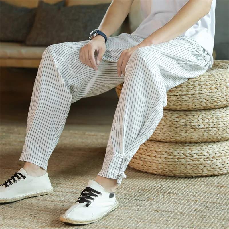 

Fashion Men's Casual Cotton Linen Trousers Harem Pants Chinese Style Men's Summer Nine-point Striped Linen Pants
