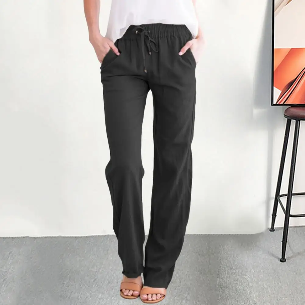 Women Pants Mid-rise Elastic Waistband Pants Drawstring Pockets Straight Wide Leg Summer Trousers Casual Straight Leg Long Pants