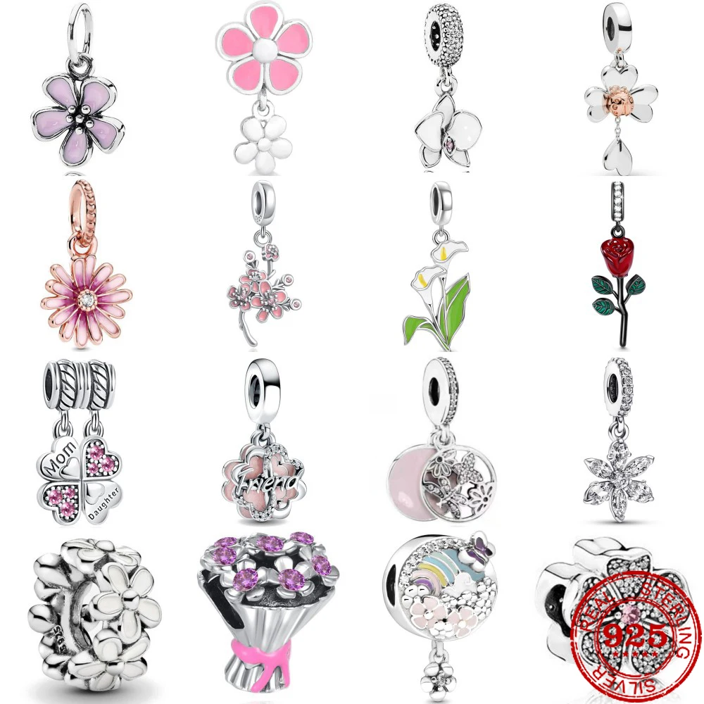 New 925 Sterling Silver Roses lilacs chrysanthemums daffodil Charm bead Fit Original Pandora Bracelet DIY Jewelry For Women