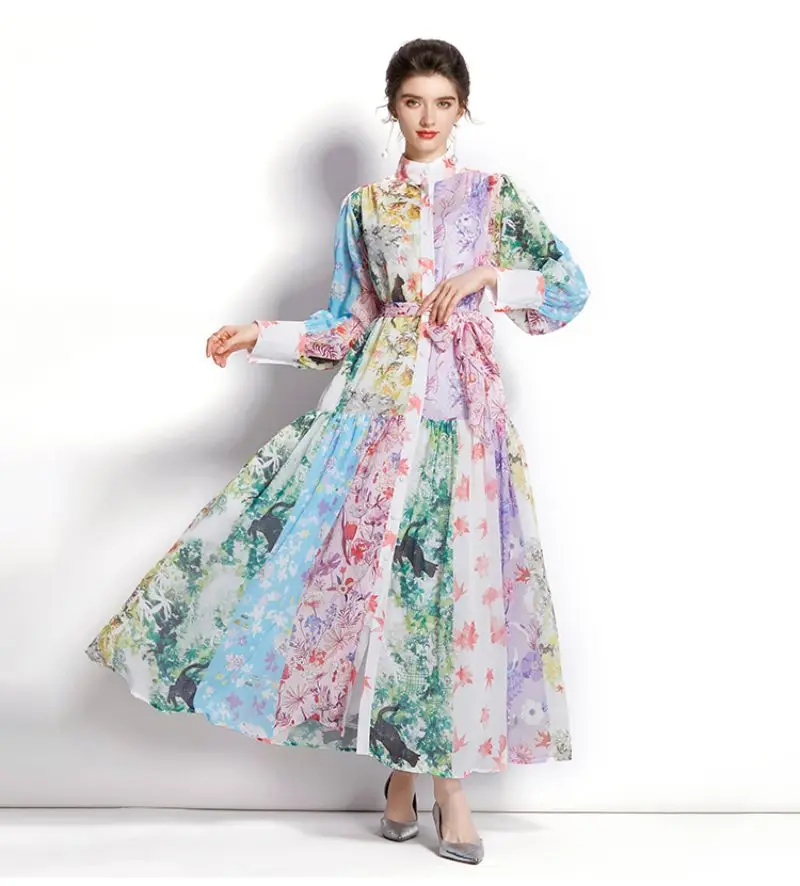 

Women Summer Fashion Runway Long Dress Long Sleeve Retro Printing Ladies Stand collar Slim A-Line Dresses Hot selling