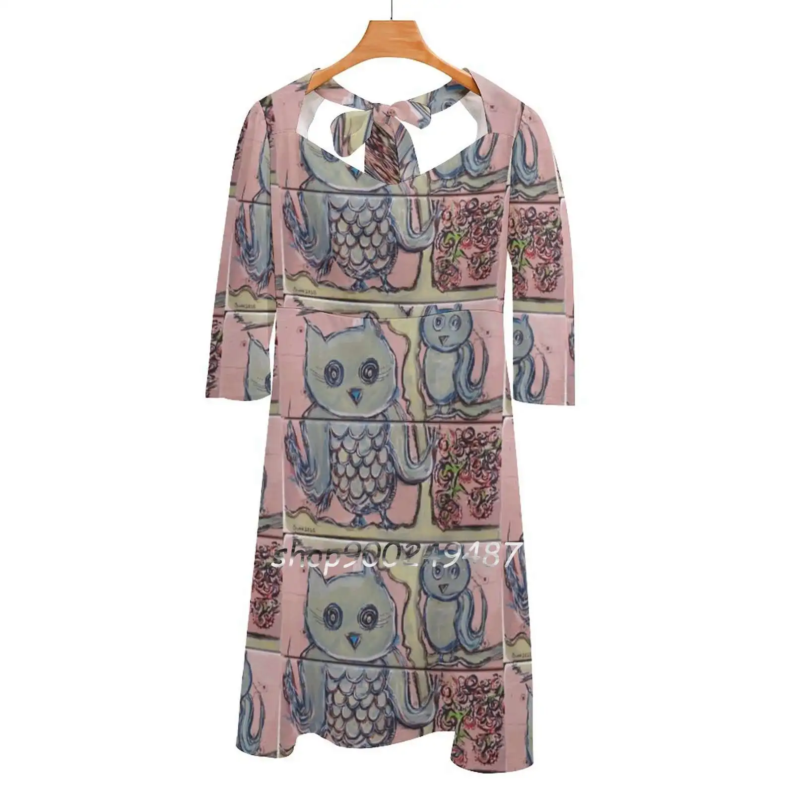 

Милое элегантное платье с изображением совы, дерева, корейский стиль, кавайное платье с квадратным воротником, Сова, искусство, сова, животн...