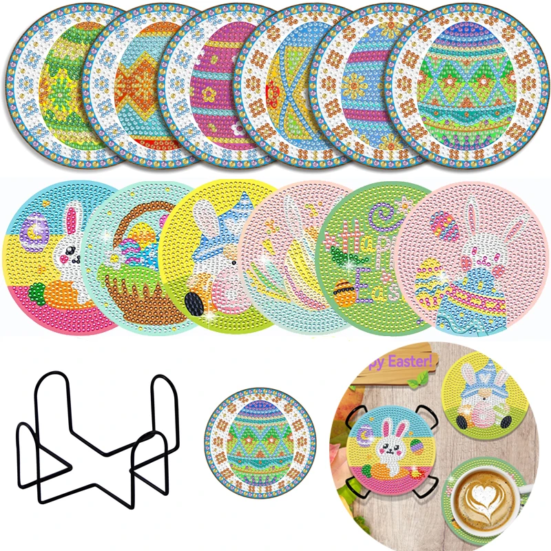 

6Pcs DIY Easter Diamond Painting Coaster Cartoon Bunny Eggs Diamond Mosaic Drink Cup Cushion Table Placemat With Rack Home Decor