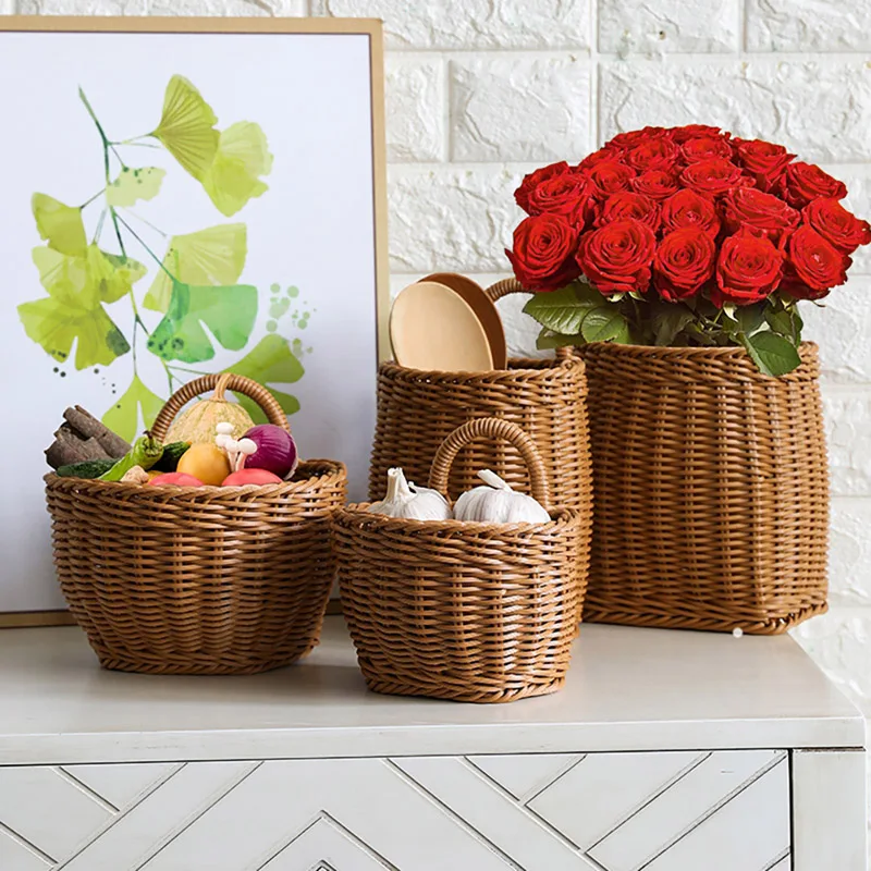 

Woven Hanging Baskets with Handle for Living Room Fruit Sundries Organizer Home Decor Hand-woven Baskets Kitchen Storage Basket