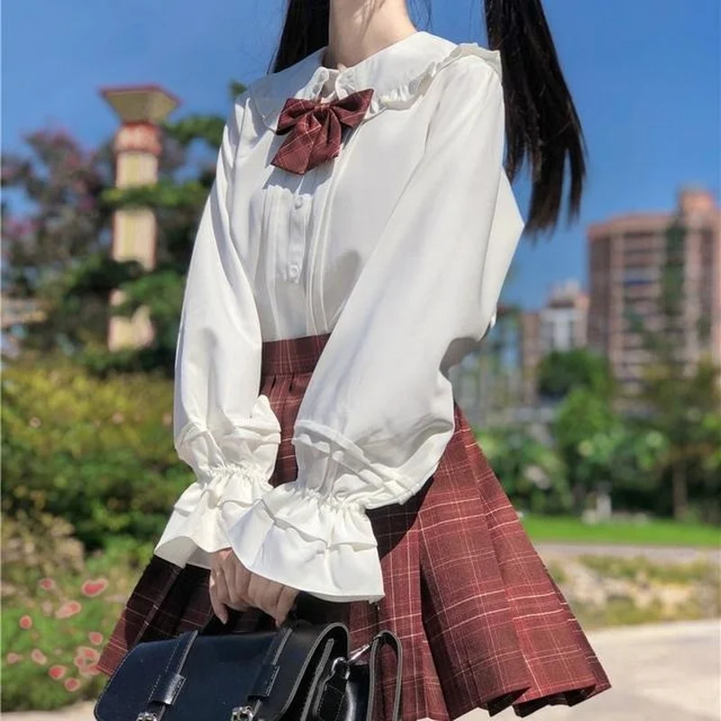 QWEEK Long Sleeve White Shirt Teen Girls Women Spring Japanese Preppy Style Kawaii Ruffle Peter Pan Collar Lolita Blouse Tops