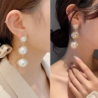 2022 trend retro fashion pearl long earrings womens atmospheric round queen pendant earrings rhinestone wedding jewelry