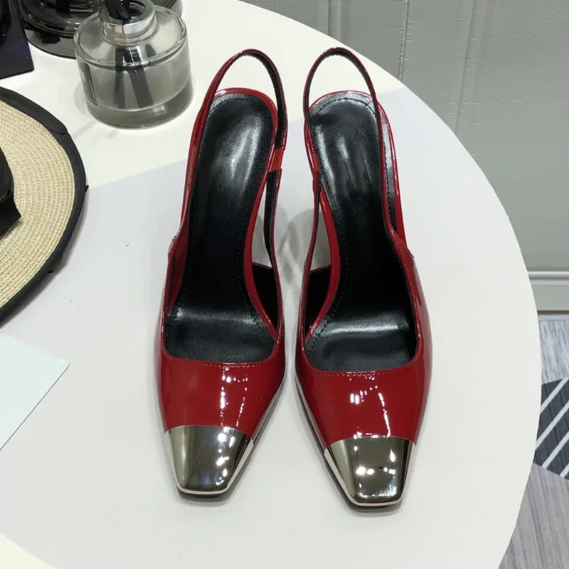 2023 New High Heels Women's Metal Square Head Thin Heel Baotou Sandals Small Documentary Shoes Women