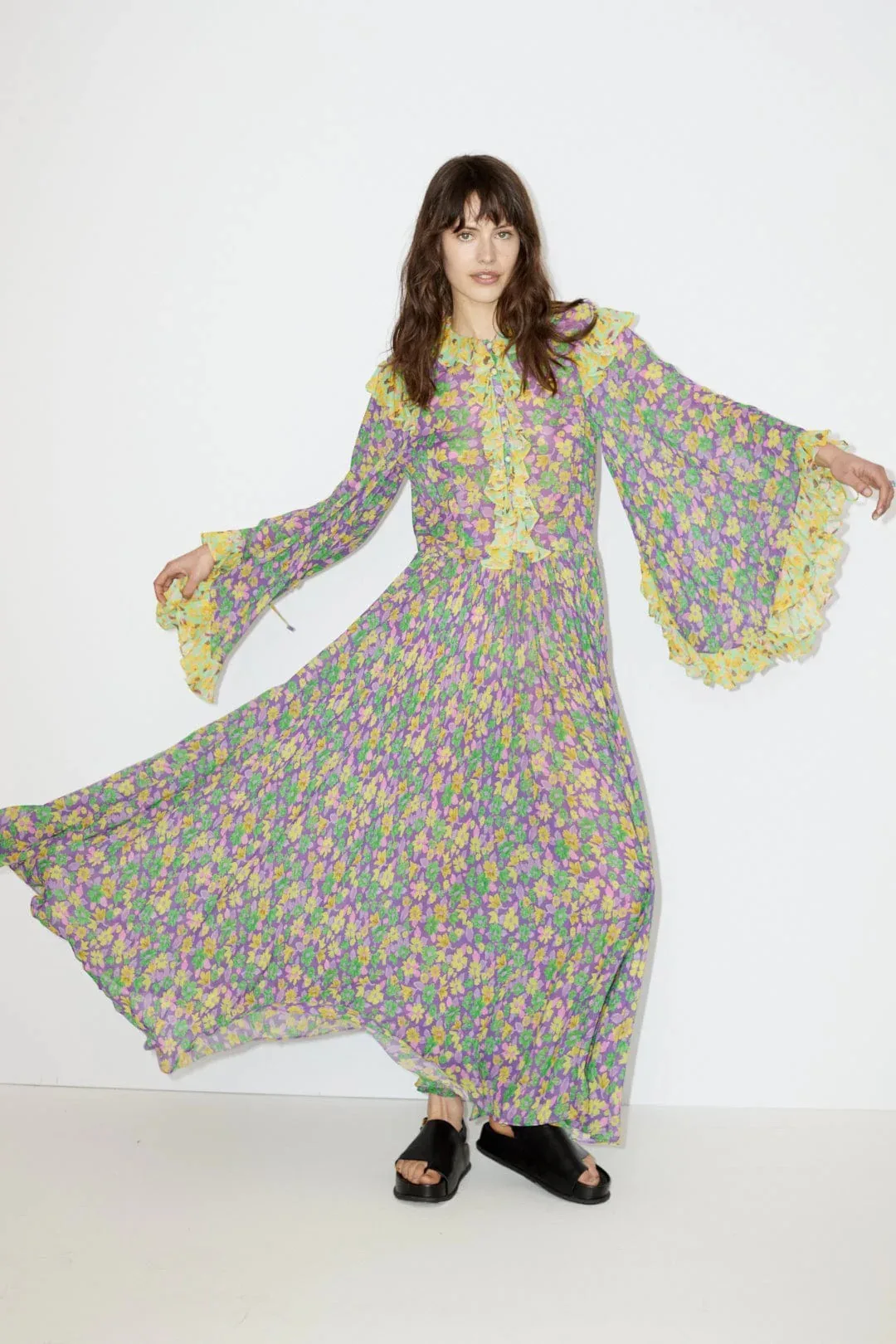 

Alem@ais* Summer Women Midi Dress Viscose Full Flare Sleeve Floral Printing Casual Ankle Length Vintage Ruffles Covered Buttons