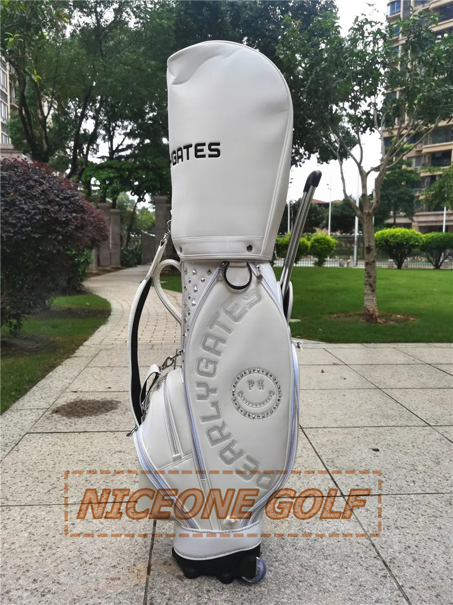 2022 New PG Rivet smiley Golf Bag white and black PU waterproof golf bag with pulley trolley golf bag the fashion bag
