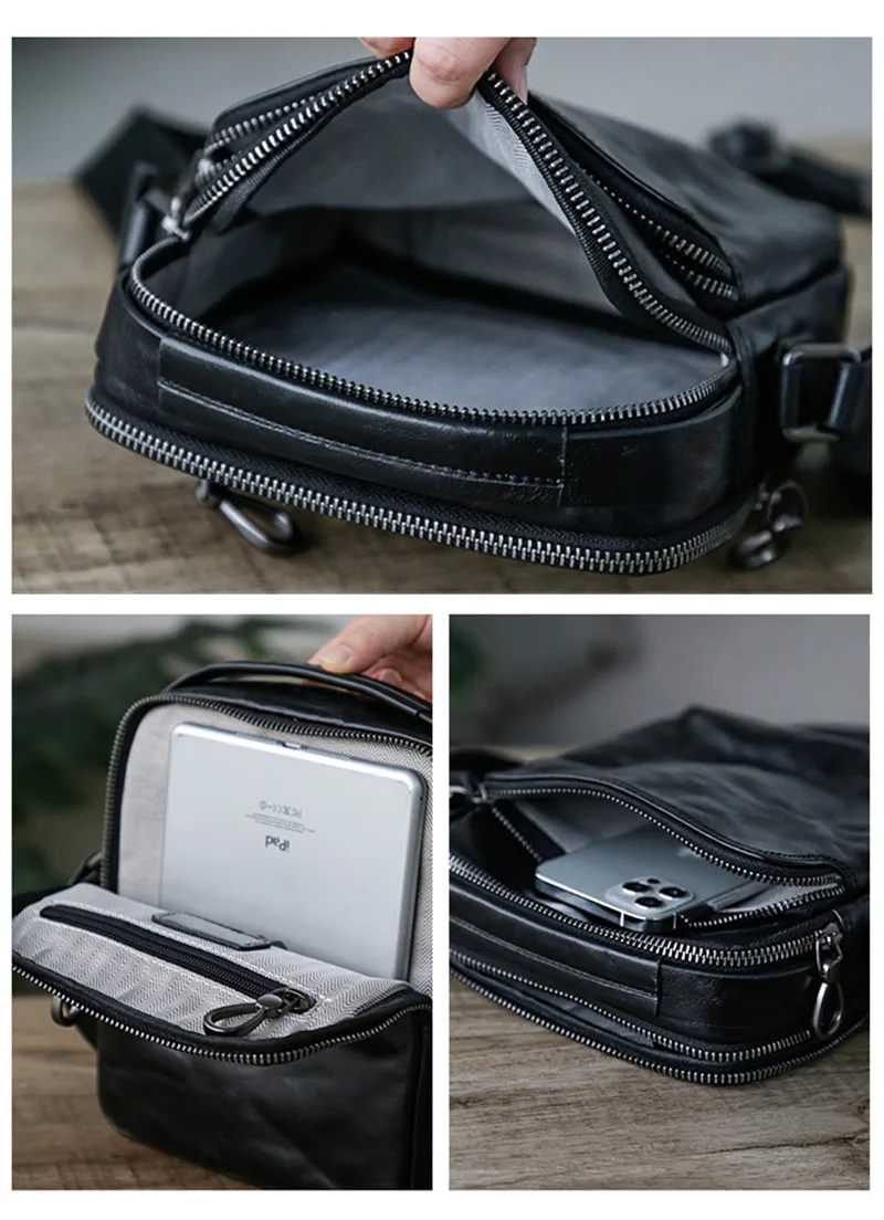 Retro fashion casual first layer cowhide men's mini black shoulder messenger bag outdoor daily teenager real leather phone bag