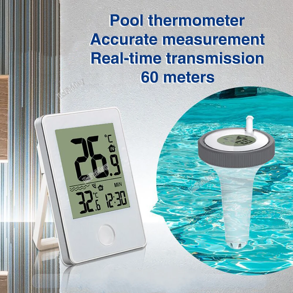 

Digital Wireless Floating Pool Thermometer with Time Clock Indoor/Outdoor Swimming Pool Bath Water Spas Aquariums Remote Observe