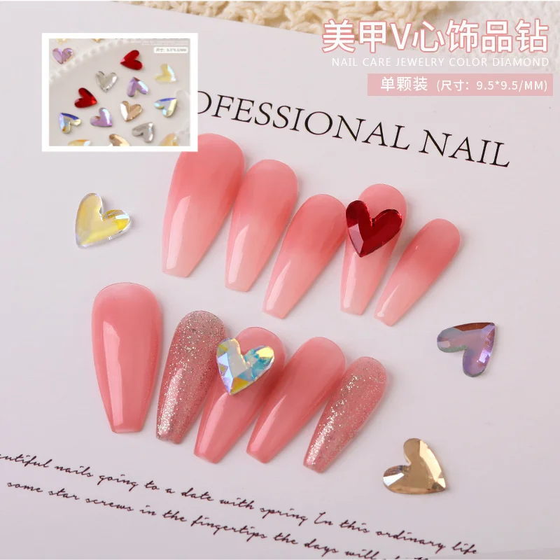 

30pcs Glittering Soild Color V Heart Jewelry Nail Charms Flatback Crystal Diamond Luxury Nail Rhinestones DIY Decoration Supply