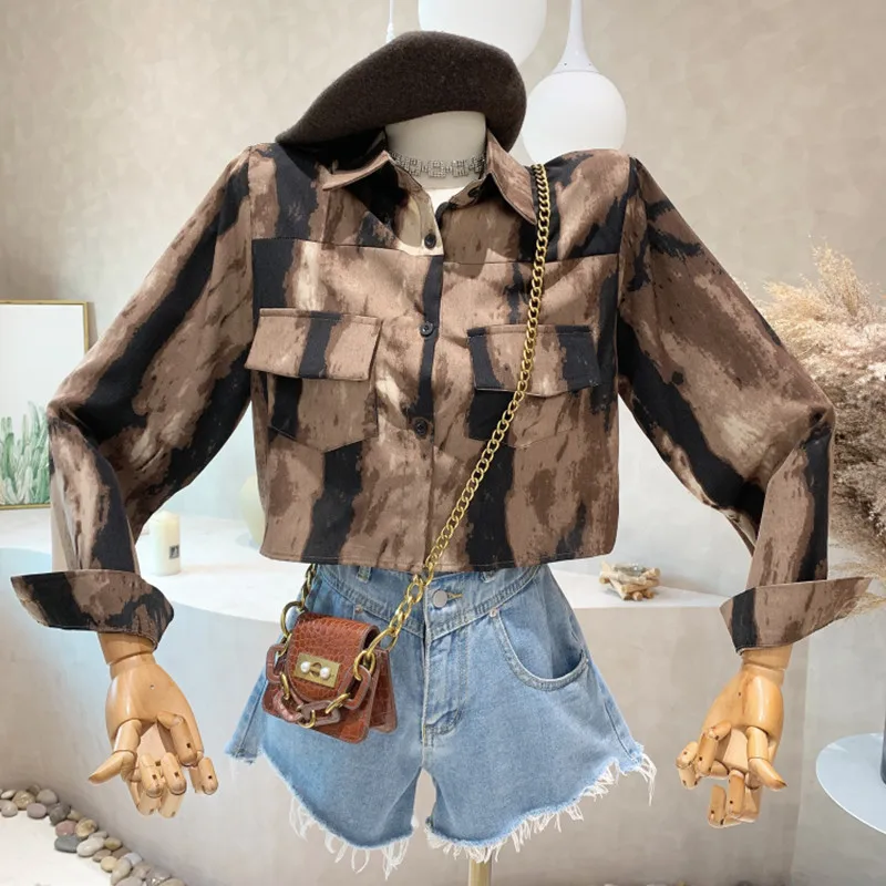 

New Women's Clothing 2022 Autumn Vintage ink tie dyed shirt fashionable loose sunscreen short long sleeved jacket blouses