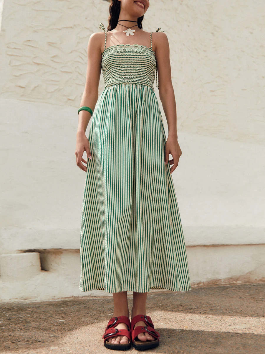 2024 женское полосатое платье с принтом шнуровка без рукавов оборками отделка