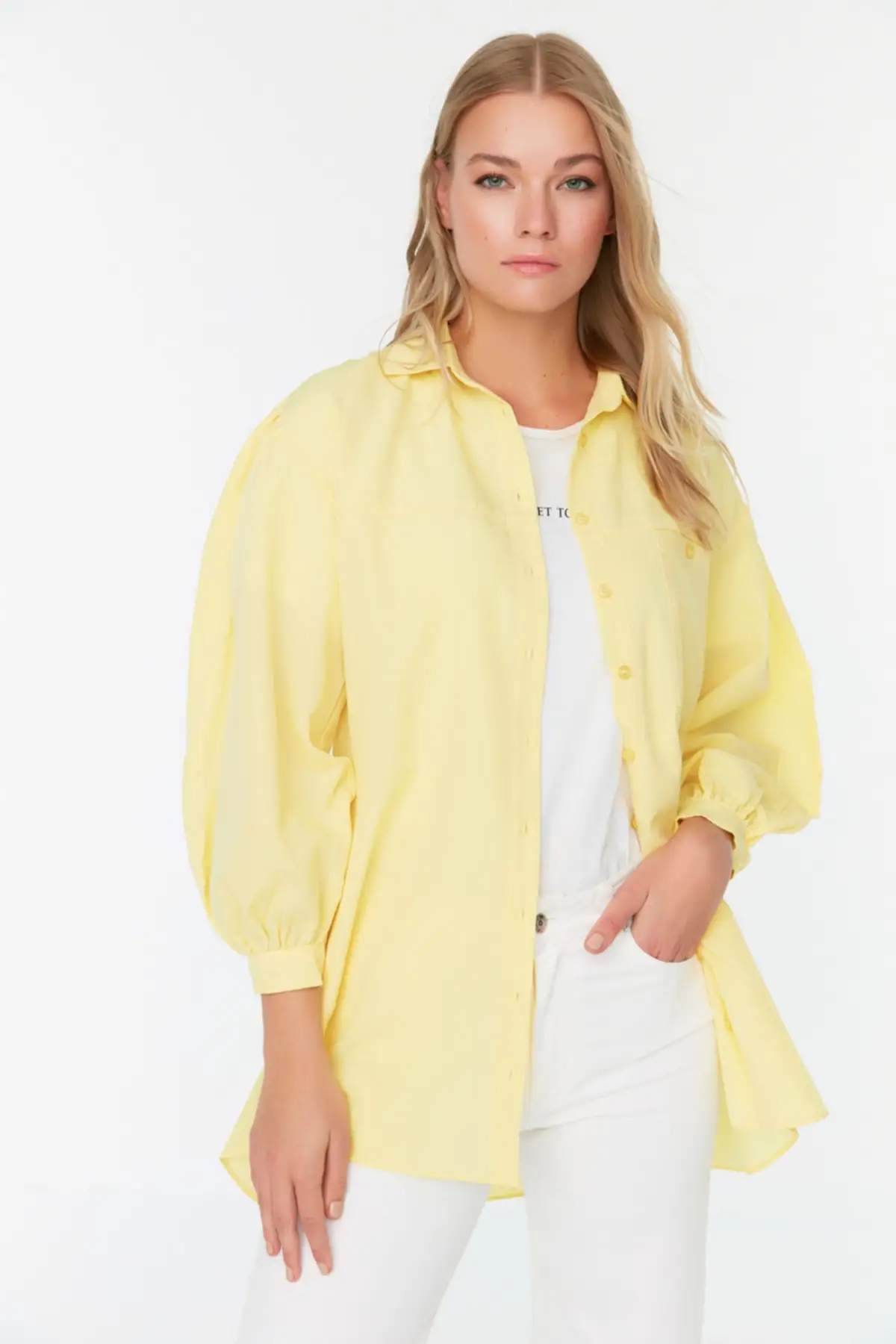 Yellow Balloon Sleeve Back Long Pocket Detail Basic Woven Shirt TCTSS21GO0976 Additional Feature Available Don 'T Single Flat Casual Collar
