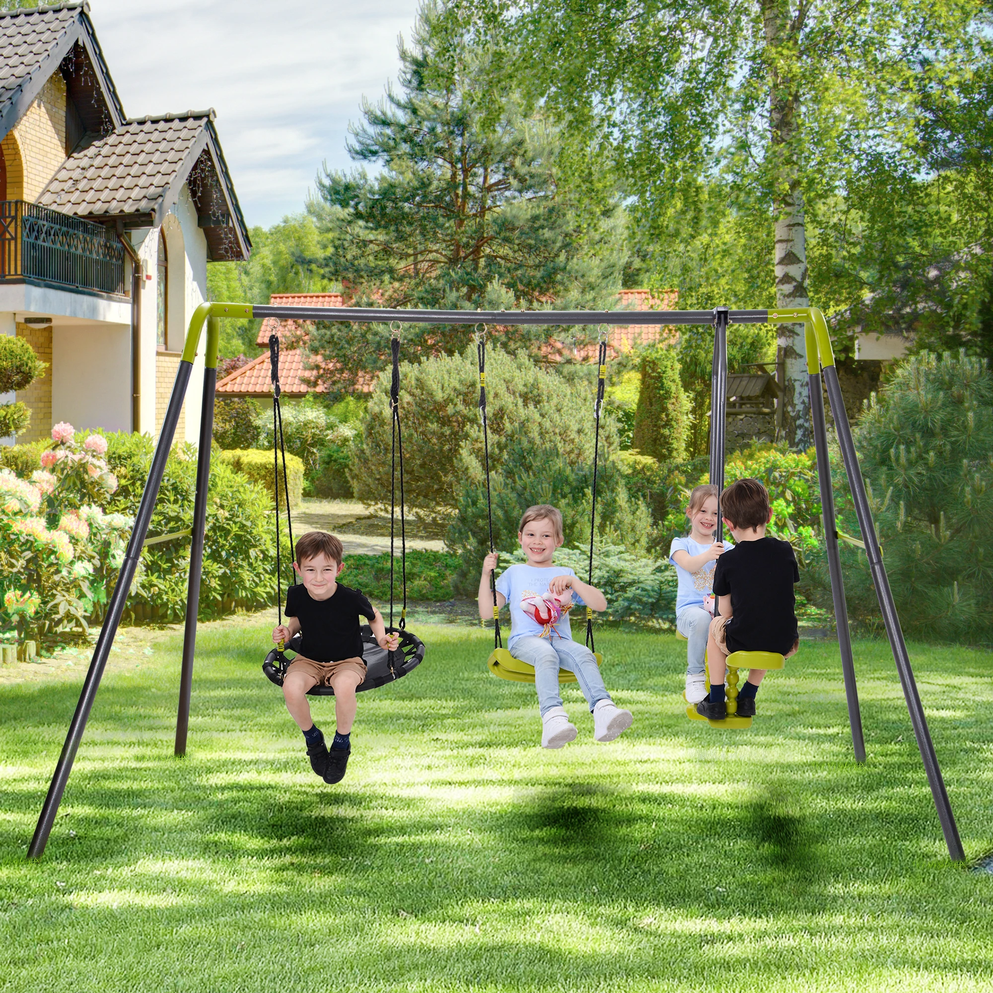 

3 in 1 Metal Swing Set for Backyard, Heavy Duty A-Frame, Height Adjustment