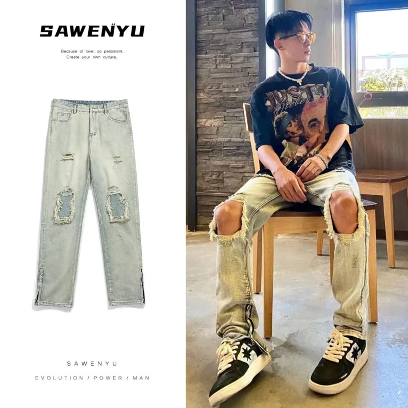 Summer Ripped Blue Jeans Men's Fashion Casual Straight Jeans Men Streetwear Loose Hip Hop Hole Denim Pants Mens Trousers S-2XL