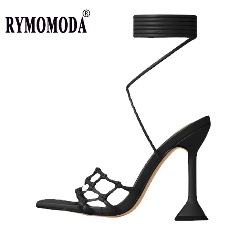 

Women Strappy Sandals Summer New 2022 PU Leather Stiletto 9cm High Heels Square Open Toe Slingback Lady Black Party Shoe Size 10