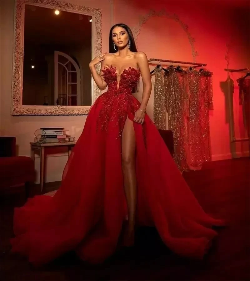 

Luxury Evening Dresses A-line Sweetheart Tulle Beaded Slit Long Islamic Dubai Saudi Arabic Evening Gown Prom Dresses
