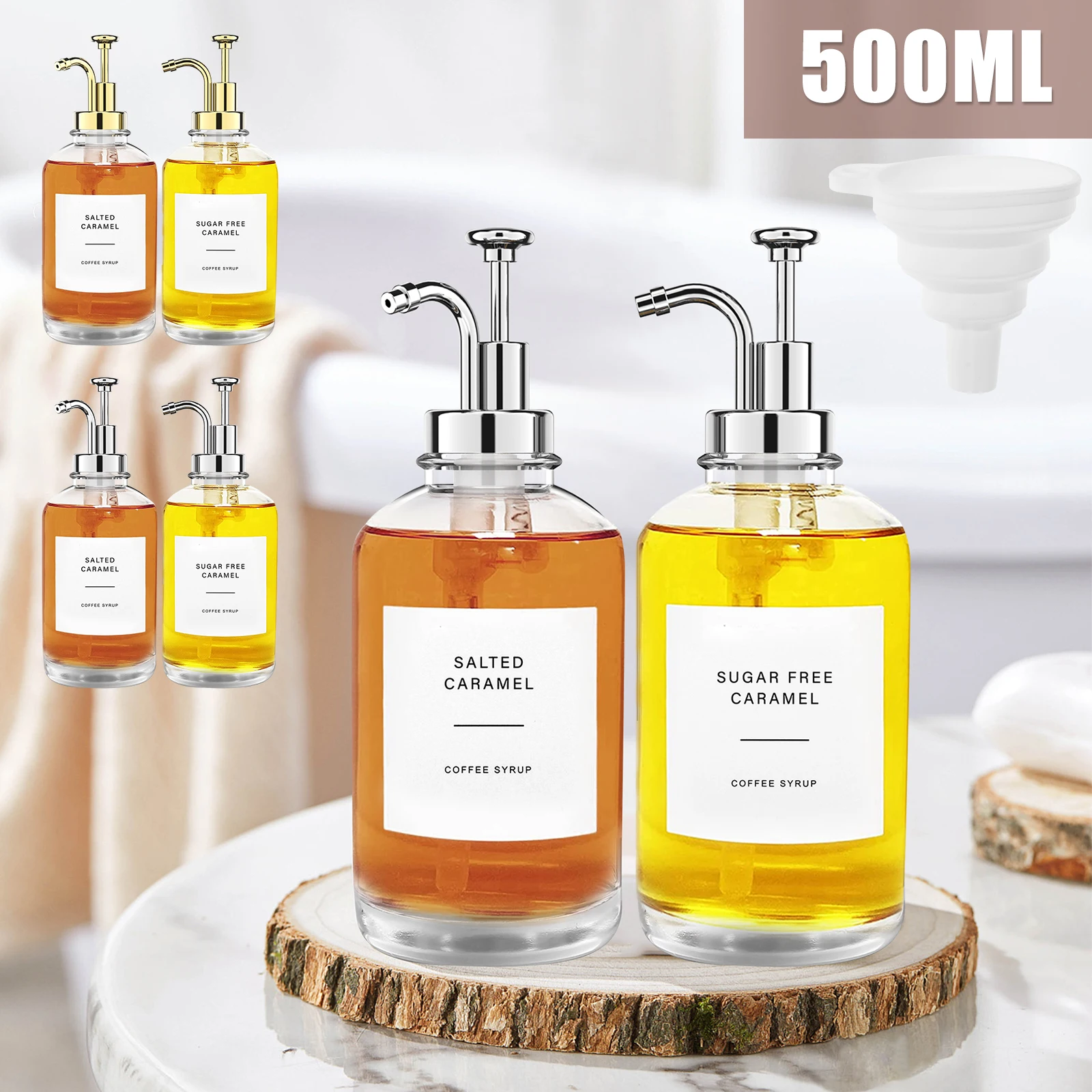 

2 Pcs Coffee Syrup Dispenser with Labels Funnel Reusable Coffee Syrup Container Minimalist Clear Glass Dispenser Bottle