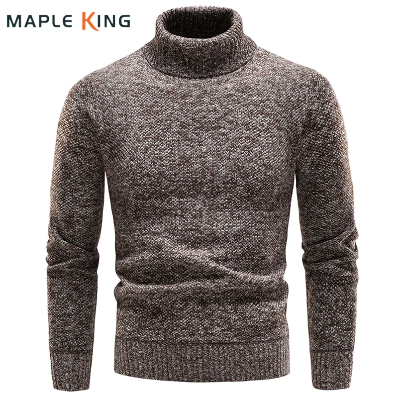 

Мужской вязаный джемпер, коричневый свитер, винтажный однотонный теплый флисовый пуловер оверсайз с высоким воротником, Корейская одежда ...