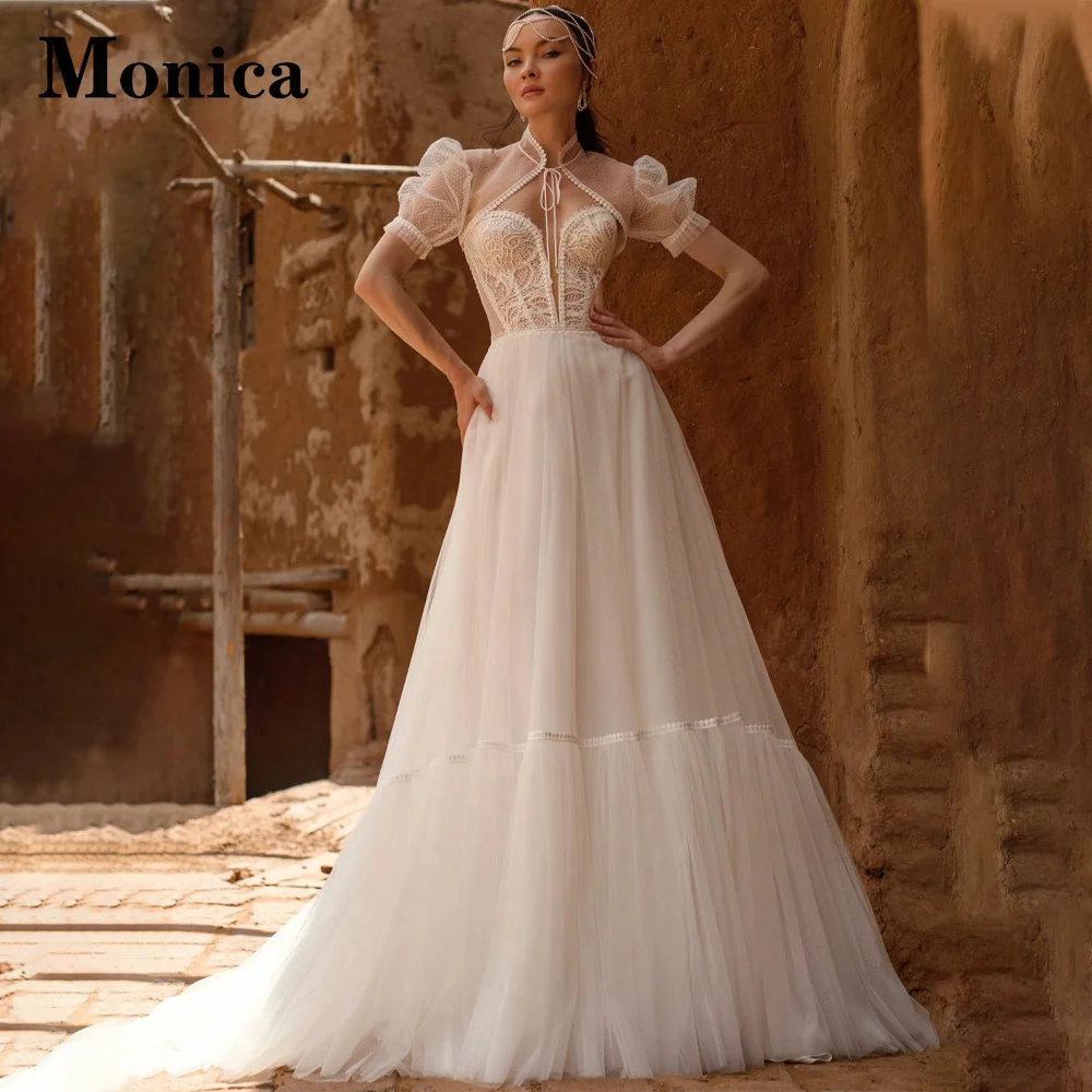 

MONICA Halter Neck Stylish Wedding Dresses Tulle A-Line Court Train Appliques Illusion Lace Up Puff Sleeve Vestido De Casamento