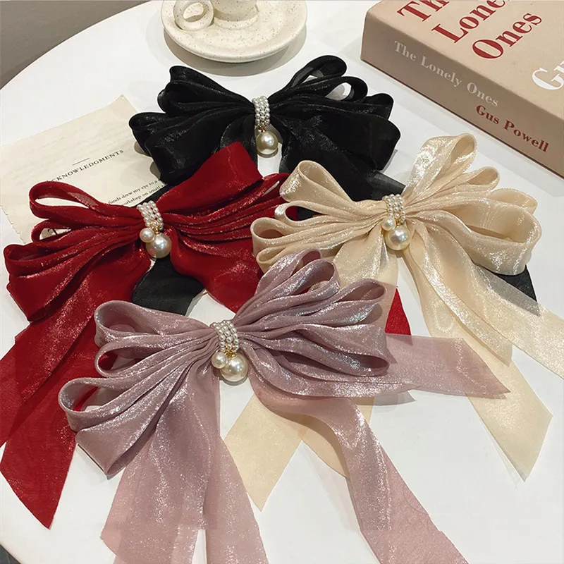 

Fashion Big Bow Chiffon Ribbon Elegant Ladies Hairpin Round Pearl Pendant Hair Accessories New Hairpin Headwear