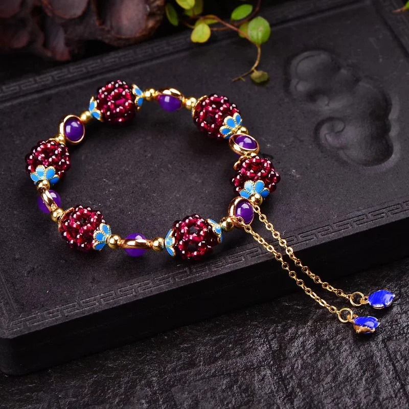 Natural Garnet Bracelet Chinese Style Multi Circle Alloy Bracelet Ladies Jewelry Fashion Women Accessories