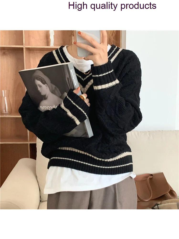 

Fashion Korean Harajuku Sweater Women Y2k Preppy Style Vintage Jumpers Ladies V-neck Oversized Streetwear Chic Pullover Casual