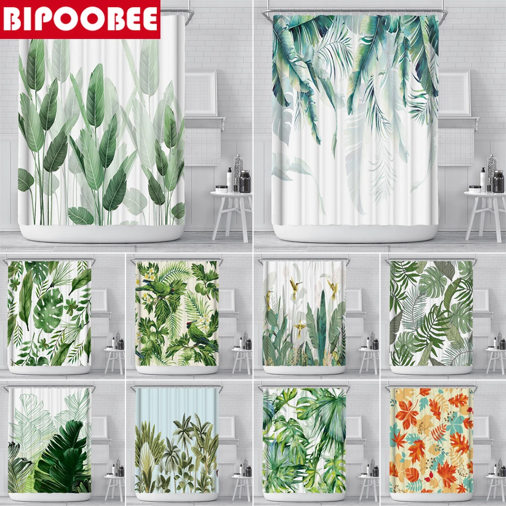 

Занавеска для душа с зелеными растениями, водонепроницаемая из полиэстера, с рисунком листьев, с крючками, защита от плесени, домашний декор