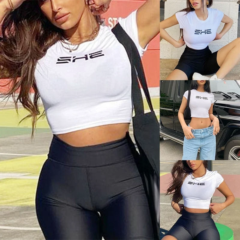 

Women's New Slim Short White Letter Top White